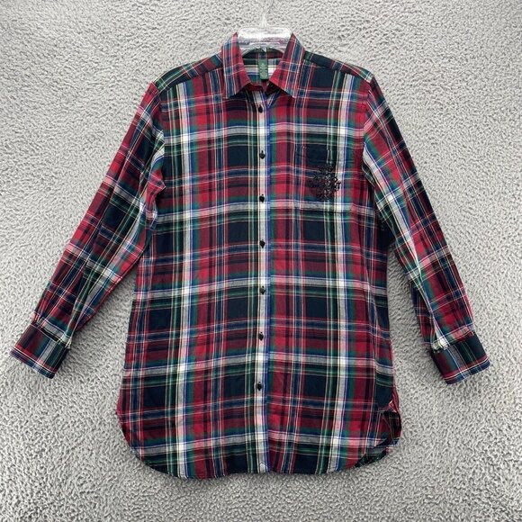 Lauren Ralph Lauren Shirt Womens Large Embroidered‎ Crest Check Print Button Up - Picture 1 of 11